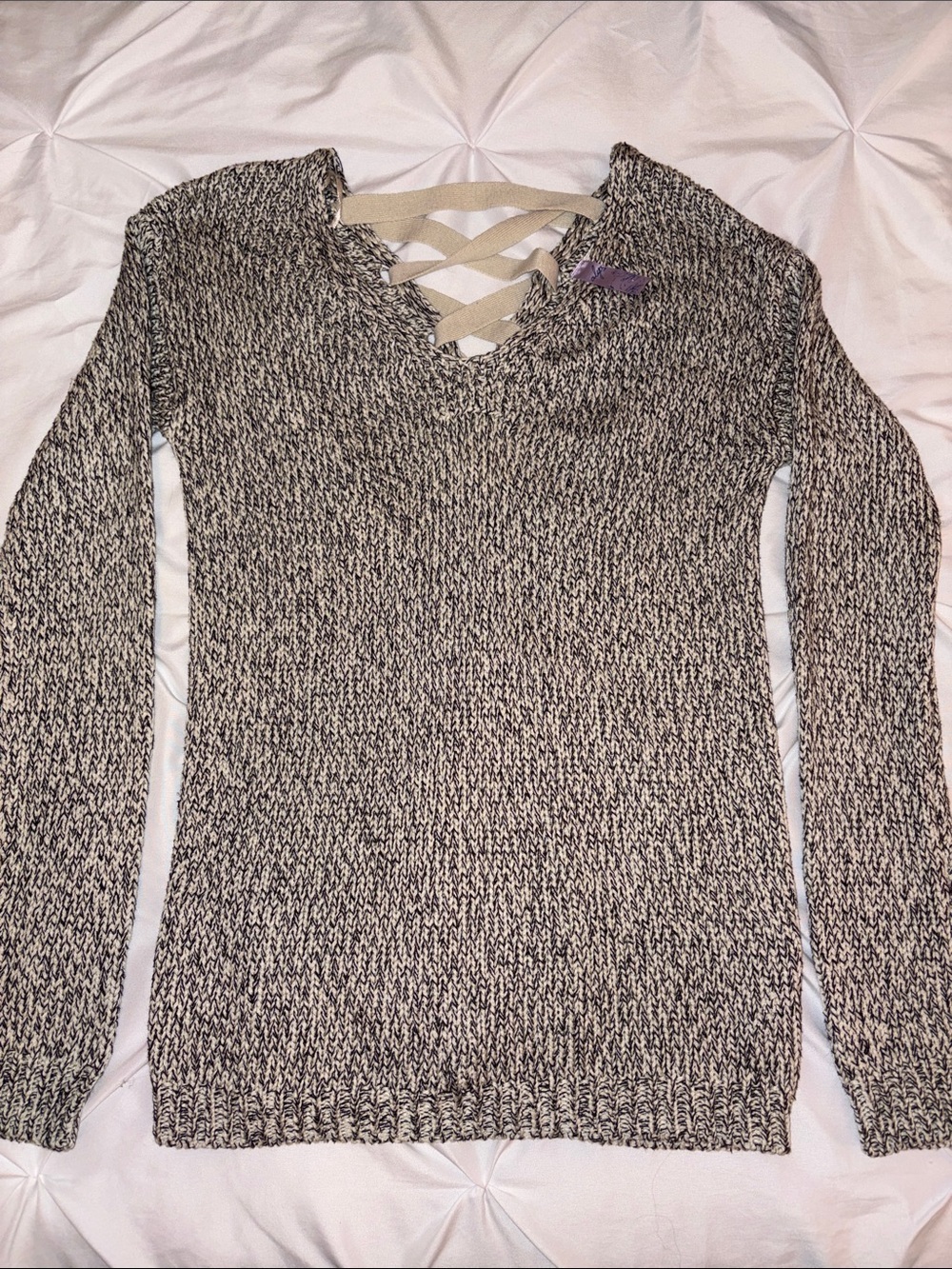 Women's Gray Marled V-Neck Sweater with Back Lace-Up Detail